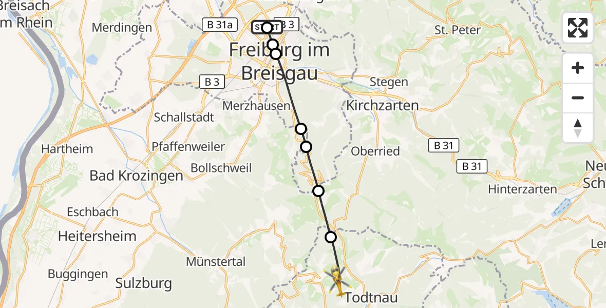 Flugroute Ambulanzhubschrauber Freiburg im Breisgau Flugplatz - Todtnau, 02 August 2026, 10:24