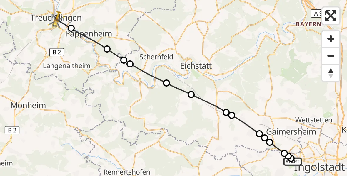 Flugroute Rettungshubschrauber Ingolstadt Hospital - Treuchtlingen, 02 August 2026, 10:33