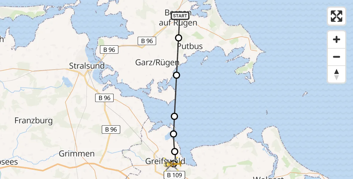 Flugroute Rettungshubschrauber Bergen auf Rügen - Greifswald Hospital, 02 August 2026, 10:34