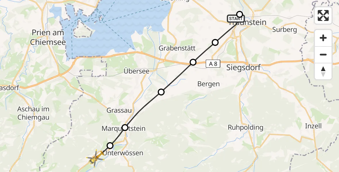 Flugroute Rettungshubschrauber Traunstein Hospital - Schleching, 02 August 2026, 10:35