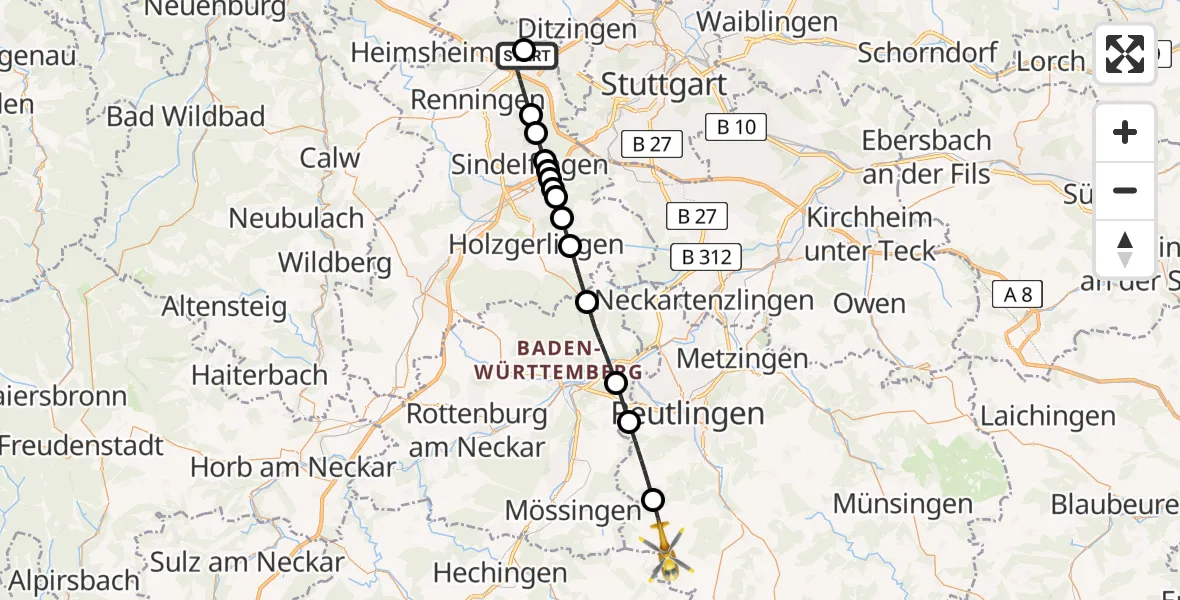 Flugroute Rettungshubschrauber Leonberg Hospital - Sonnenbühl, 02 August 2026, 10:40