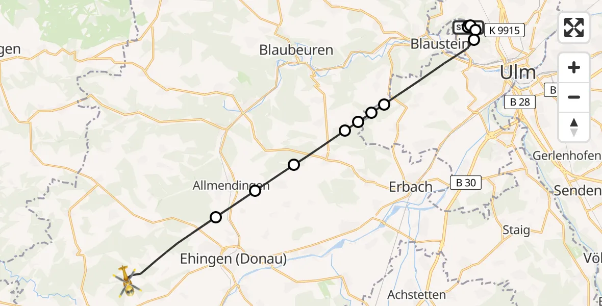 Flugroute Rettungshubschrauber Ulm Military Hospital Emergency - Ehingen (Donau), 02 August 2026, 10:42