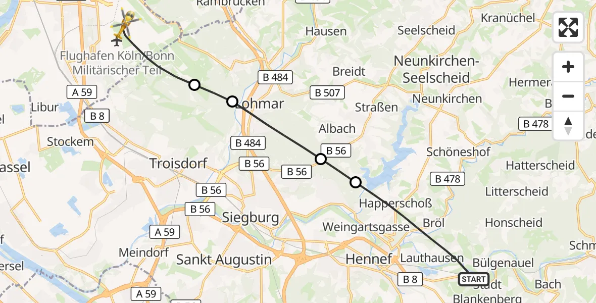 Flugroute Rettungshubschrauber Hennef (Sieg) - Köln Bonn Flughafen, 02 August 2026, 10:43