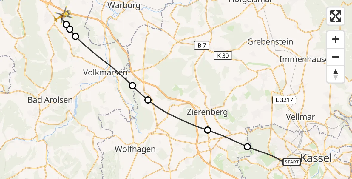 Flugroute Rettungshubschrauber Kassel - Diemelstadt, 02 August 2026, 10:43