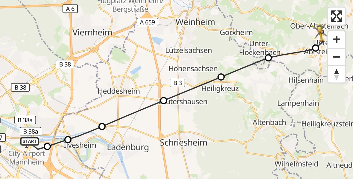 Flugroute Rettungshubschrauber Mannheim-City Flughafen - Abtsteinach, 02 August 2026, 10:49