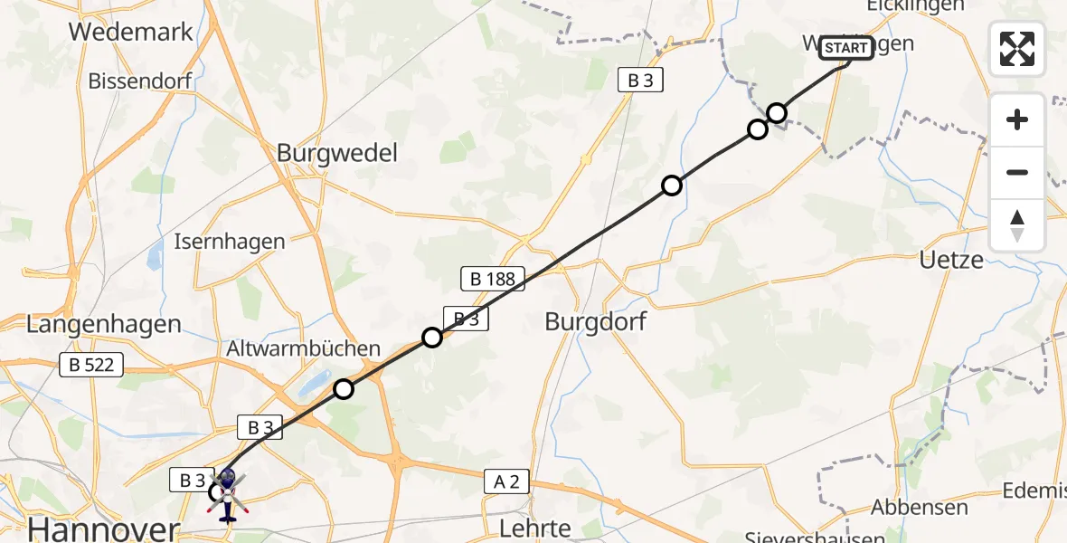 Flugroute Polizeihubschrauber Wathlingen - Hannover Luftrettung Hubschrauberlandeplatz (Christoph 4), 02 August 2026, 11:06