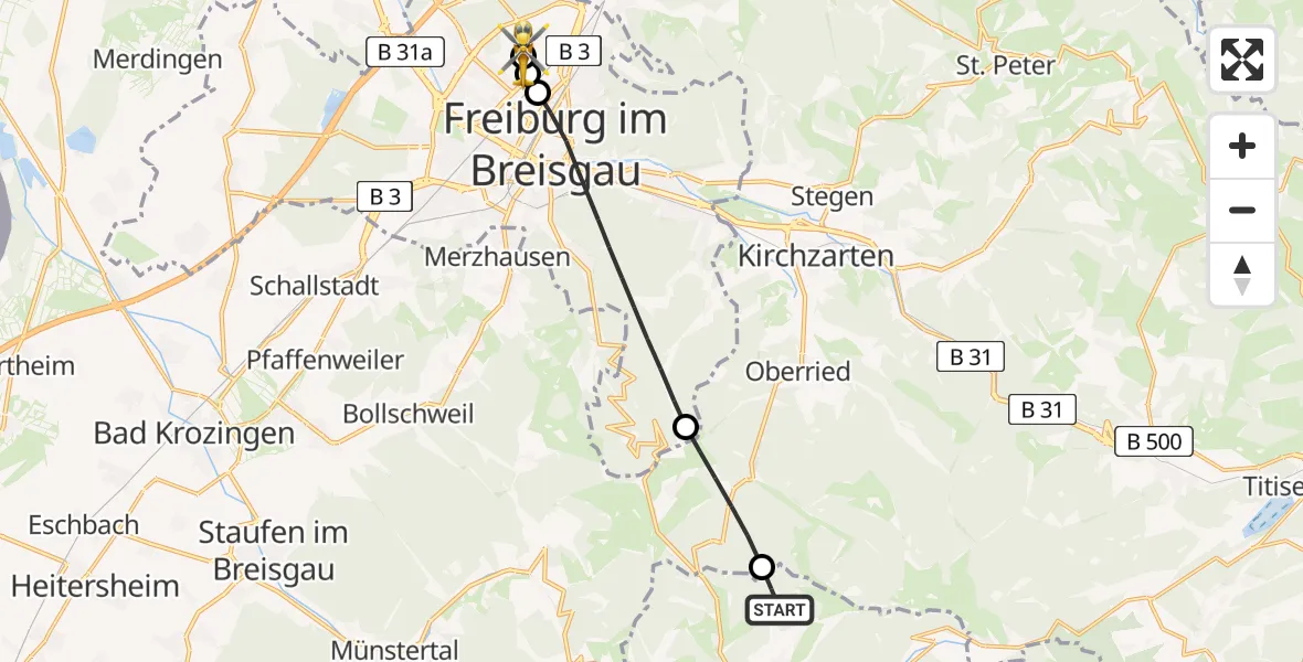 Flugroute Ambulanzhubschrauber Todtnau - Freiburg im Breisgau Flugplatz, 02 August 2026, 11:13