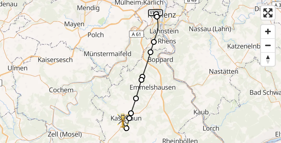Flugroute Rettungshubschrauber Katholisches Klinikum Marienhof Koblenz Hubschrauberlandeplatz - Kastellaun, 02 August 2026, 11:19