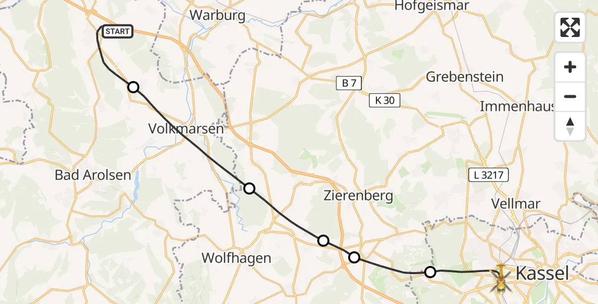 Flugroute Rettungshubschrauber Diemelstadt - Kassel, 02 August 2026, 11:21