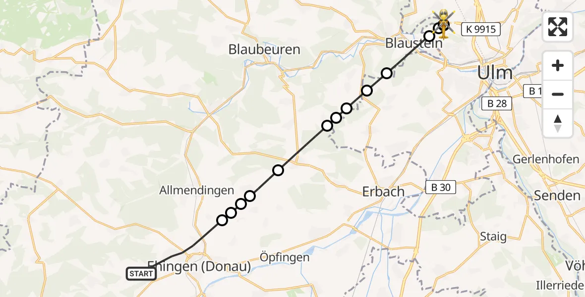 Flugroute Rettungshubschrauber Ehingen (Donau) - ADAC Air Rescue Station Ulm (Christoph 22), 02 August 2026, 11:22