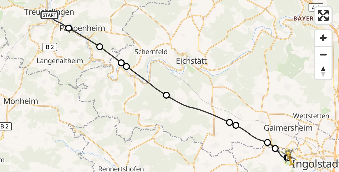 Flugroute Rettungshubschrauber Treuchtlingen - Ingolstadt Hospital, 02 August 2026, 11:27