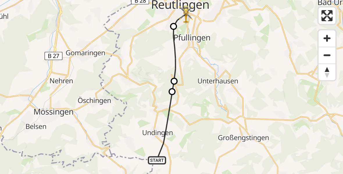 Flugroute Rettungshubschrauber Sonnenbühl - Reutlingen, 02 August 2026, 11:36