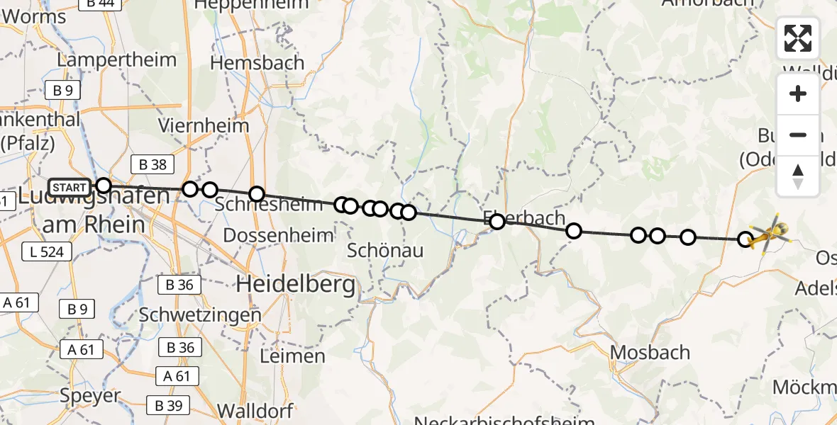 Flugroute Rettungshubschrauber Ludwigshafen am Rhein - Seckach, 02 August 2026, 11:39