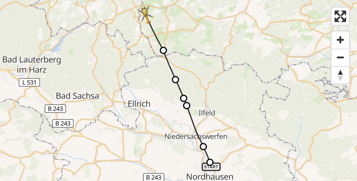 Flugroute Rettungshubschrauber Südharz Hospital Nordhausen - Oberharz am Brocken, 02 August 2026, 11:57