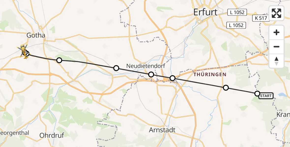 Flugroute Ambulanzhubschrauber Hohenfelden - Helios Clinic Gotha, 02 August 2026, 12:05