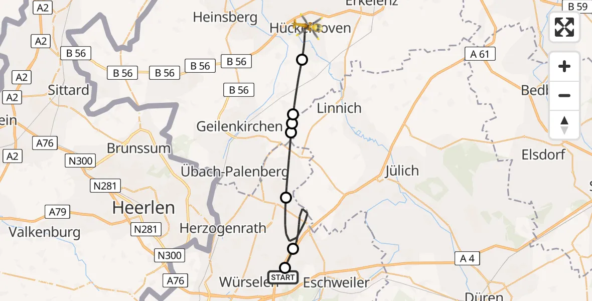 Flugroute Rettungshubschrauber Aachen-Merzbrück Flughafen - Hückelhoven, 02 August 2026, 12:06
