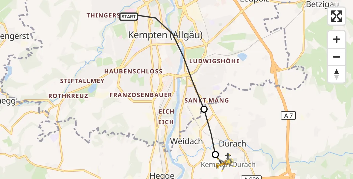 Flugroute Rettungshubschrauber Kempten (Allgäu) - Kempten-Durach Flugplatz, 02 August 2026, 12:06