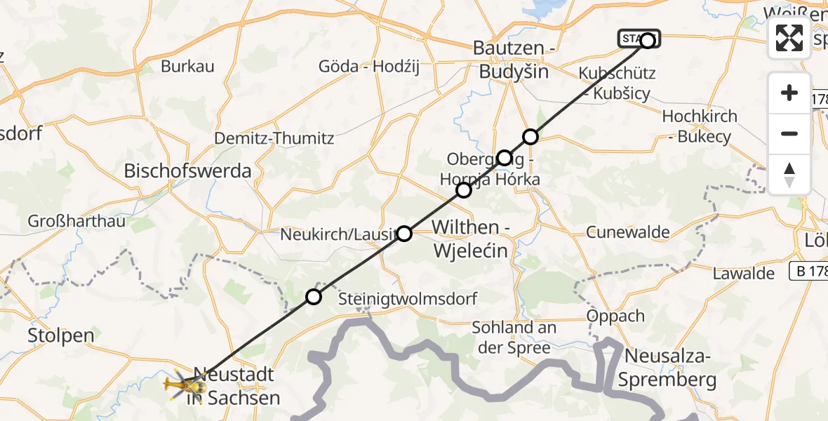 Flugroute Rettungshubschrauber Bautzen Flugplatz - Neustadt in Sachsen, 02 August 2026, 12:13