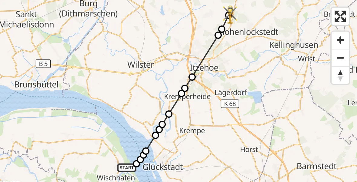 Flugroute Rettungshubschrauber Wischhafen - Itzehoe Hungriger Wolf Flugplatz, 02 August 2026, 12:15