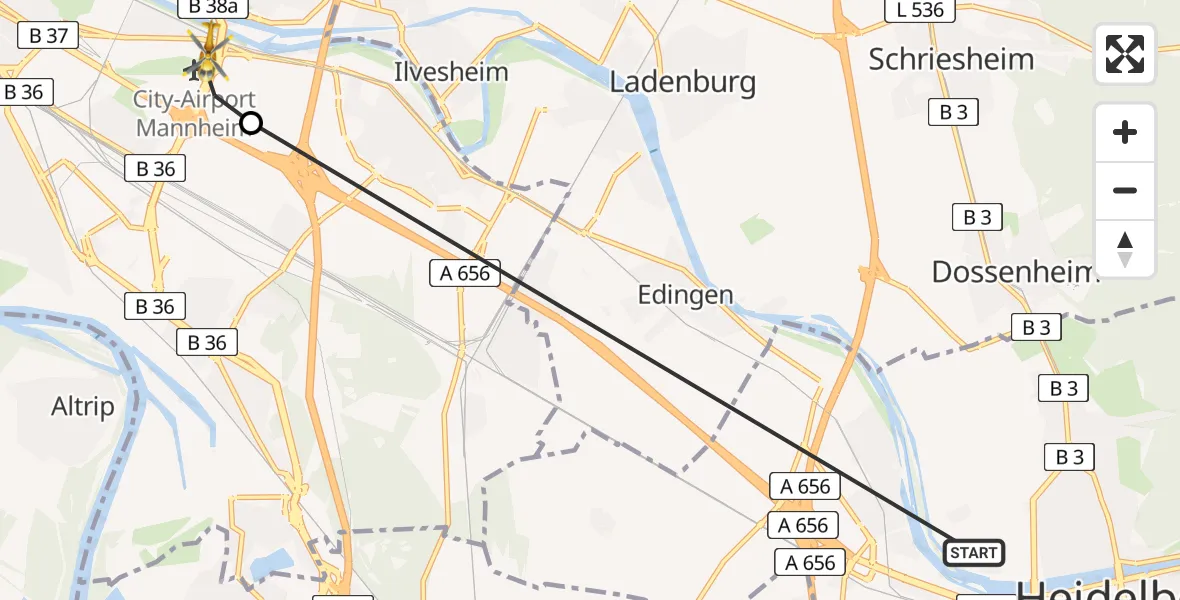 Flugroute Rettungshubschrauber Heidelberg - Mannheim-City Flughafen, 02 August 2026, 12:24