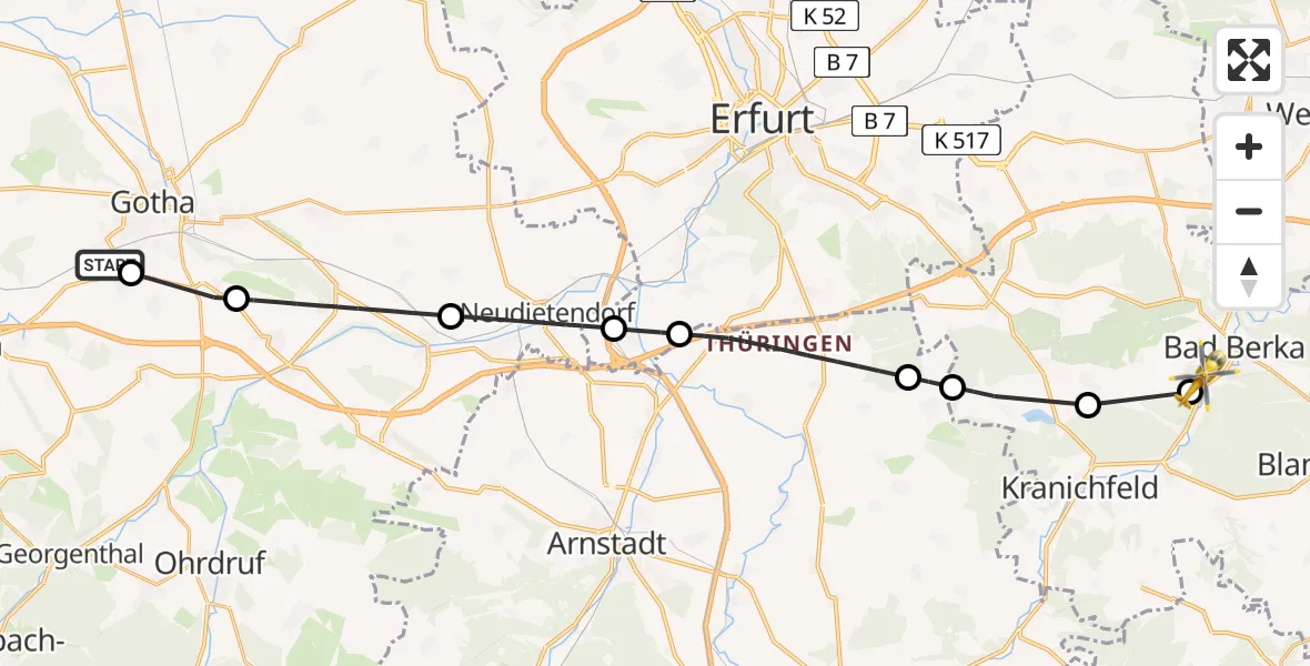 Flugroute Ambulanzhubschrauber Helios Clinic Gotha - Bad Berka Central Hospital, 02 August 2026, 12:38