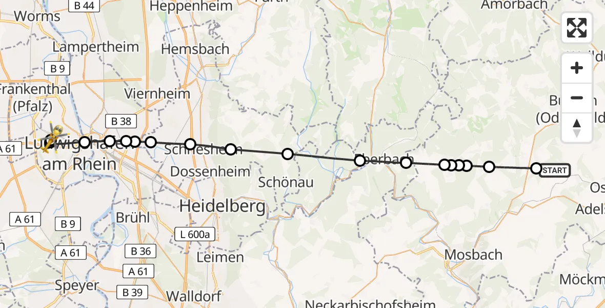 Flugroute Rettungshubschrauber Seckach - Ludwigshafen Accident Hospital, 02 August 2026, 12:40