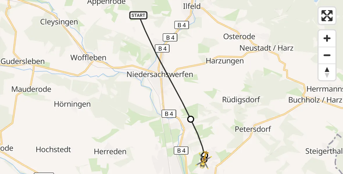 Flugroute Rettungshubschrauber Harztor - Südharz Hospital Nordhausen, 02 August 2026, 12:43