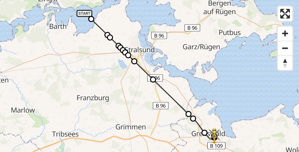 Flugroute Rettungshubschrauber Zingst - Greifswald Hospital, 02 August 2026, 12:50