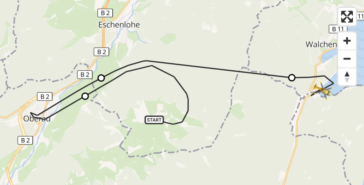 Flugroute Rettungshubschrauber Eschenlohe - Kochel a.See, 02 August 2026, 12:50