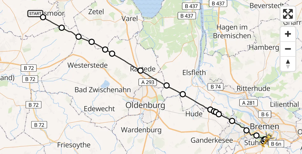 Flugroute Rettungshubschrauber Großefehn - ADAC Air Rescue Station Bremen Hubschrauberlandeplatz (Christoph 6), 02 August 2026, 13:00