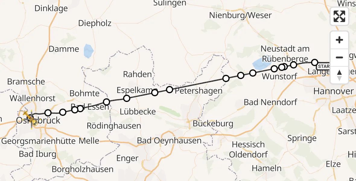 Flugroute Rettungshubschrauber Flughafen Hannover - Osnabrück Hospital, 02 August 2026, 13:22
