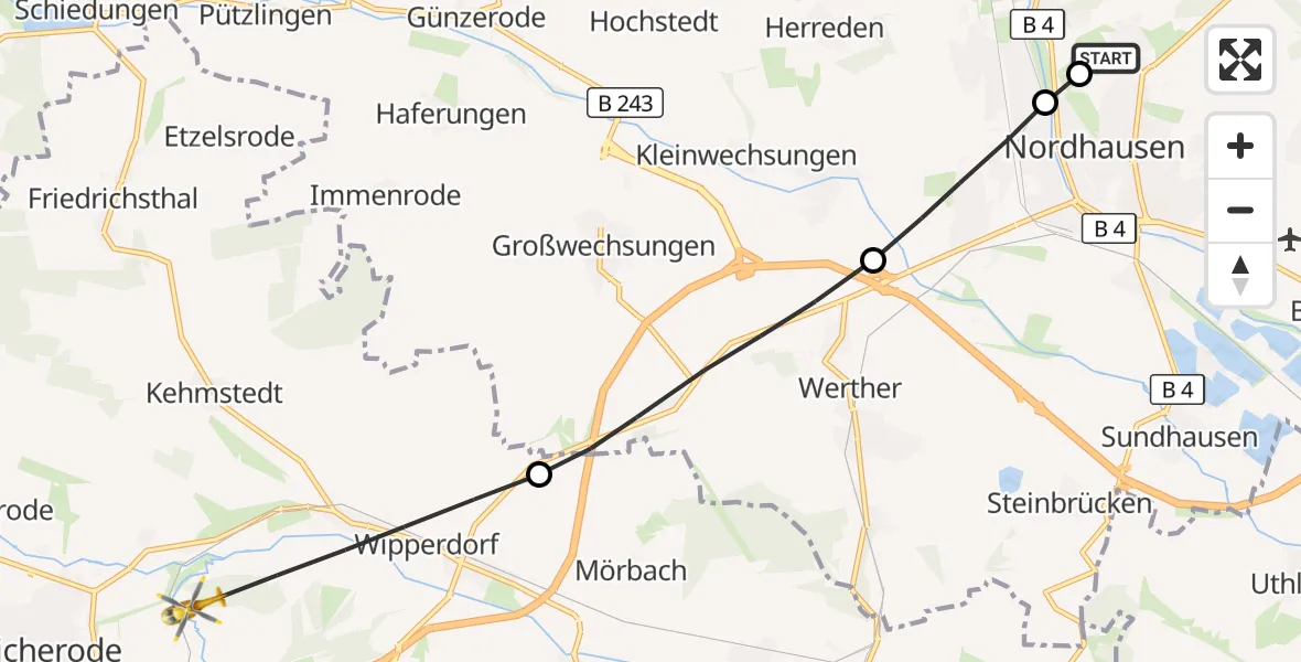 Flugroute Rettungshubschrauber Südharz Hospital Nordhausen - Bleicherode, 02 August 2026, 13:29