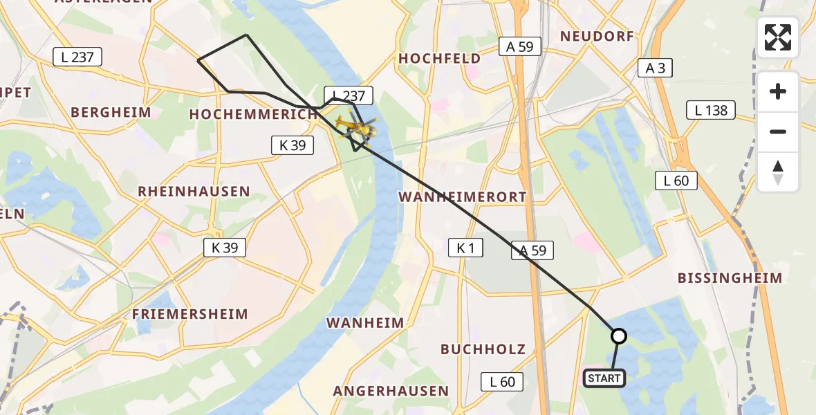 Flugroute Rettungshubschrauber Duisburg Air Rescue Hubschrauberlandeplatz (Christoph 9) - Duisburg, 02 August 2026, 13:30