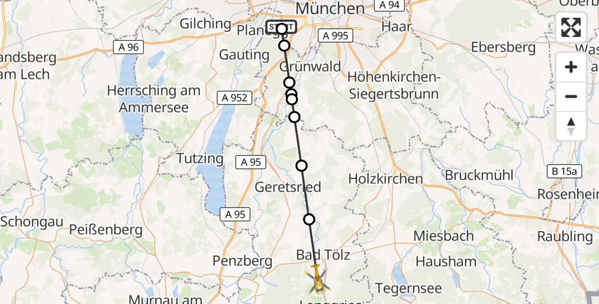 Flugroute Rettungshubschrauber DRF Air Rescue München Hubschrauberlandeplatz - Wackersberg, 02 August 2026, 13:32