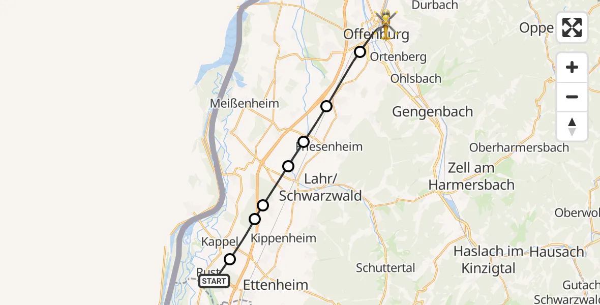 Flugroute Ambulanzhubschrauber Rust - Offenburg, 02 August 2026, 13:34