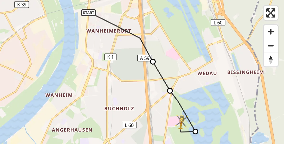 Flugroute Rettungshubschrauber Duisburg - Duisburg Air Rescue Hubschrauberlandeplatz (Christoph 9), 02 August 2026, 13:38