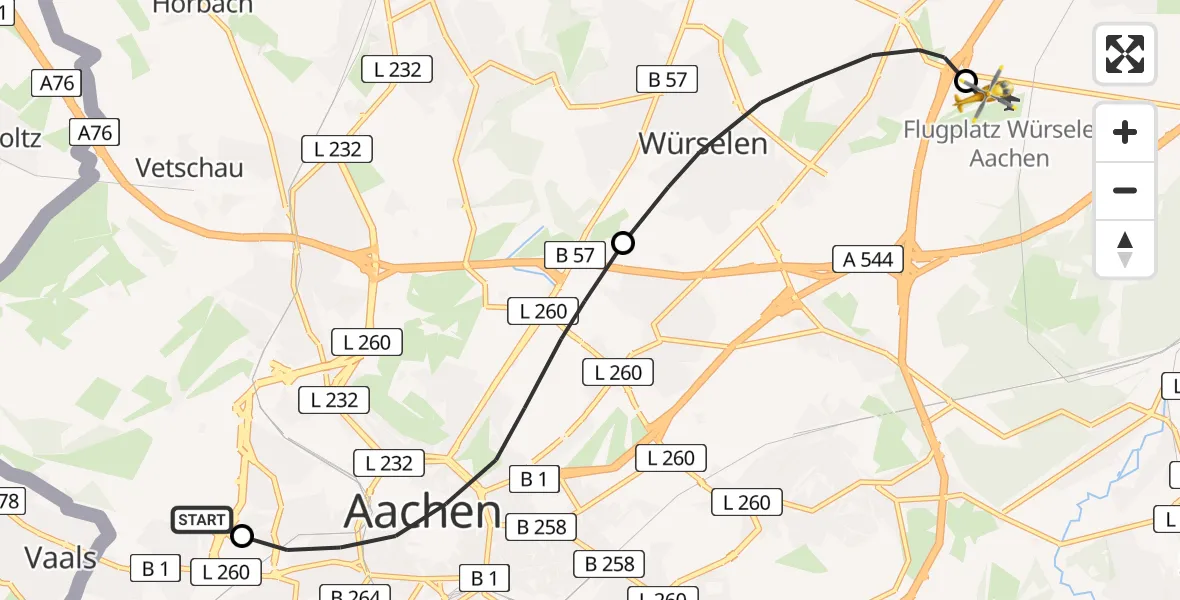 Flugroute Rettungshubschrauber Aachen Hospital - Aachen-Merzbrück Flughafen, 02 August 2026, 13:43