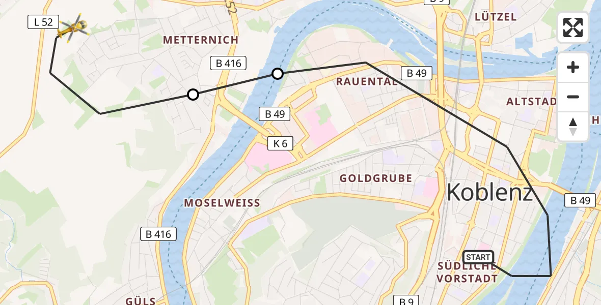 Flugroute Rettungshubschrauber Koblenz - Koblenz, 02 August 2026, 13:46