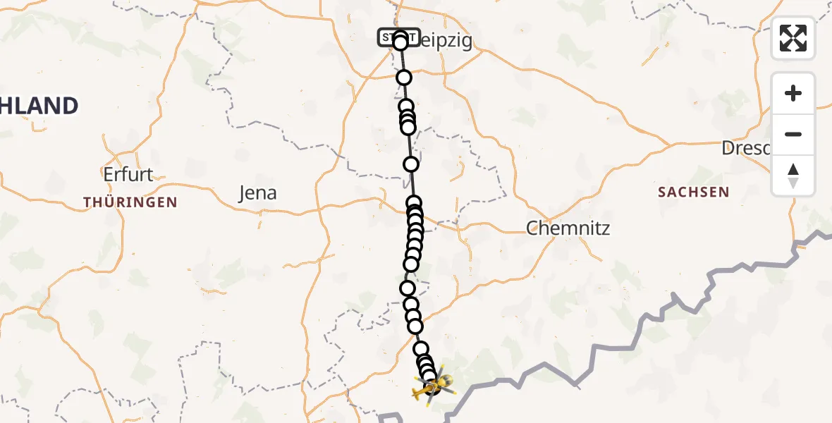 Flugroute Rettungshubschrauber ADAC Air Rescue Station Leipzig/Schkeuditz-Dölzig Hubschrauberlandeplatz (Christoph 61) - Paracelsus Hospital Schöneck, 02 August 2026, 13:52