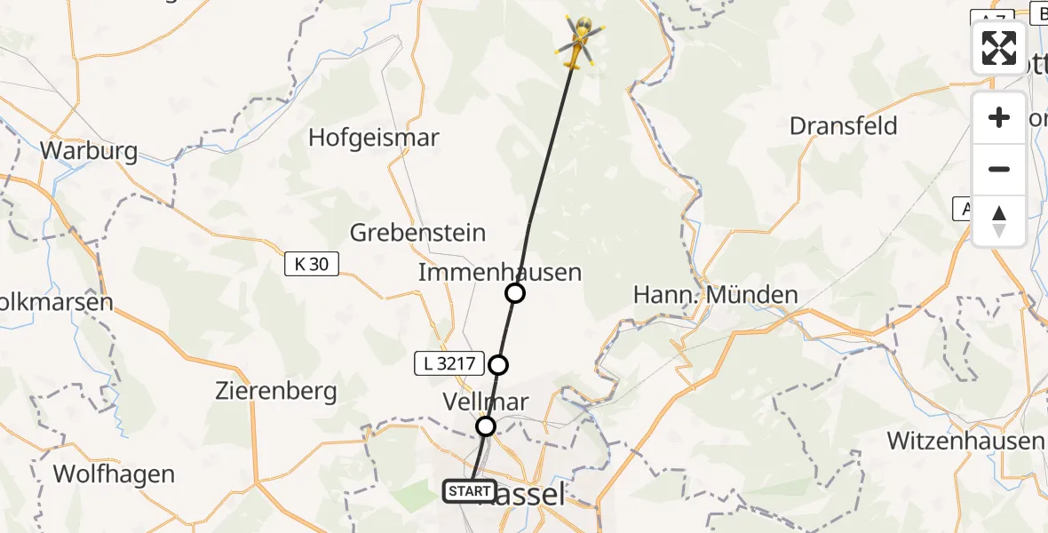 Flugroute Rettungshubschrauber Kassel - Hofgeismar, 02 August 2026, 13:56