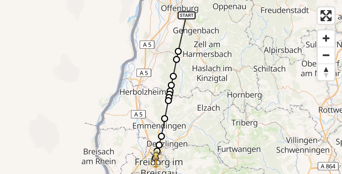 Flugroute Ambulanzhubschrauber Ortenberg - Freiburg im Breisgau Flugplatz, 02 August 2026, 14:04