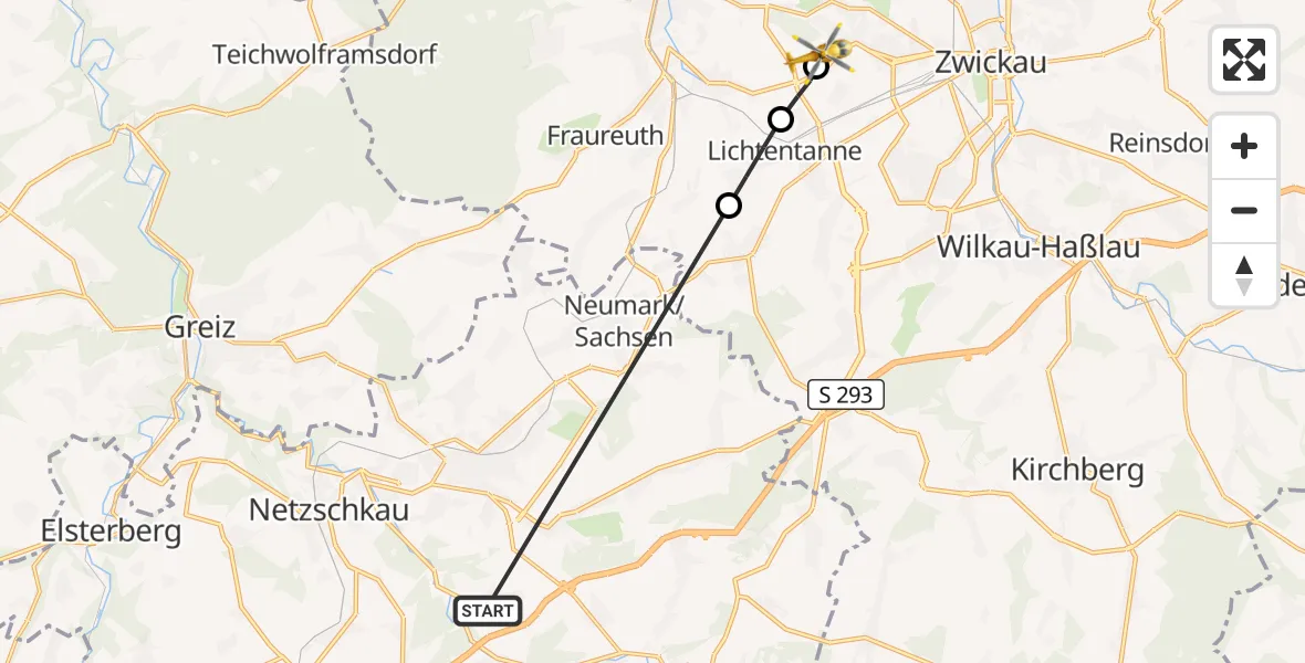 Flugroute Rettungshubschrauber Reichenbach im Vogtland - ADAC Air Rescue Station Zwickau Hubschrauberlandeplatz, 02 August 2026, 14:04