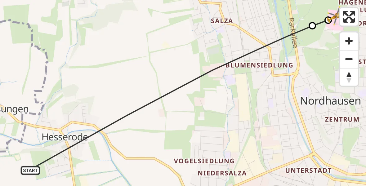 Flugroute Rettungshubschrauber Nordhausen - Südharz Hospital Nordhausen, 02 August 2026, 14:07