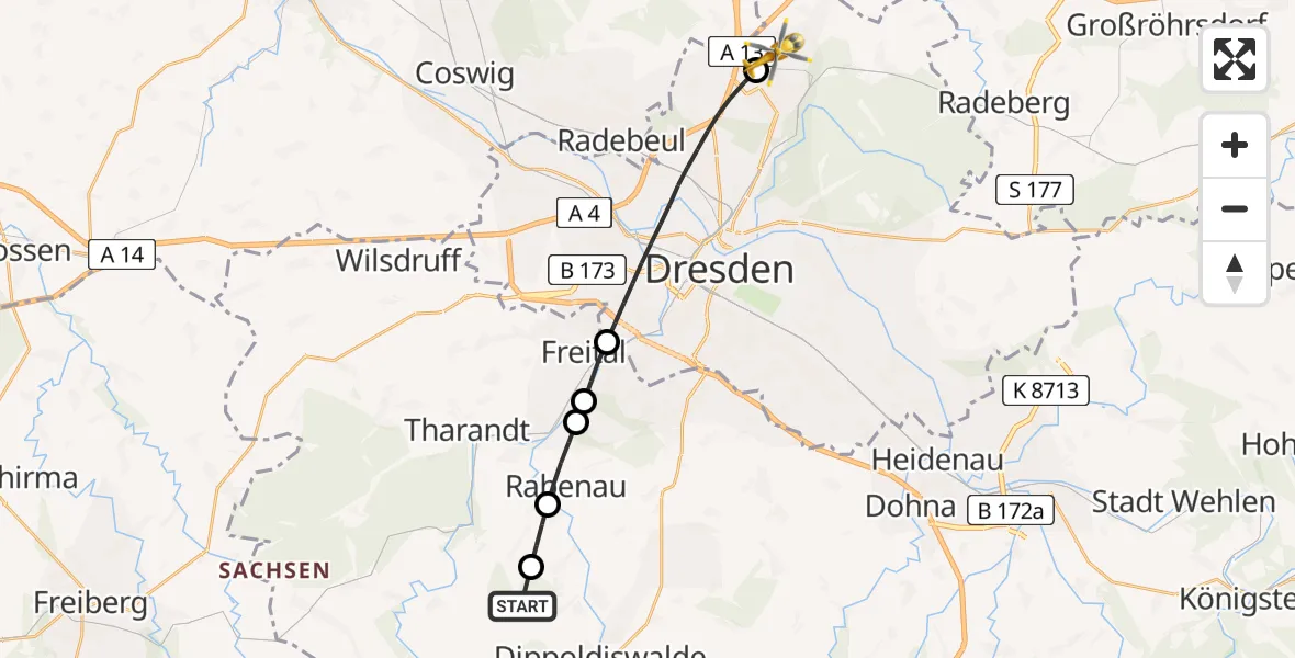 Flugroute Rettungshubschrauber Klingenberg - Dresden Bundespolizei Hubschrauberlandeplatz, 02 August 2026, 14:07