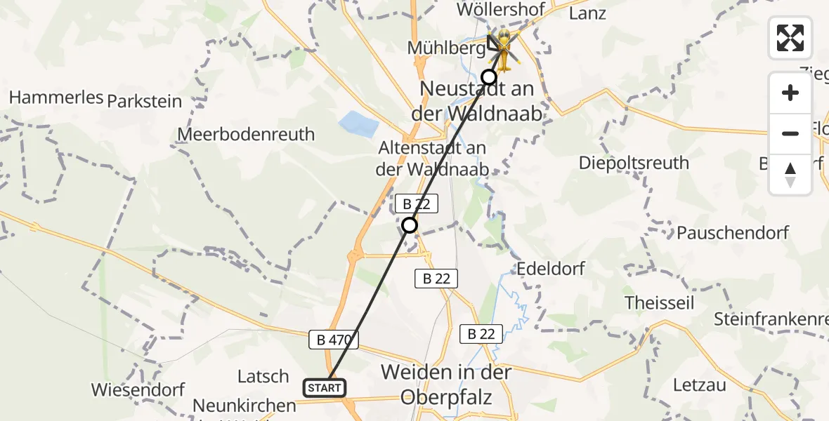 Flugroute Ambulanzhubschrauber Weiden i.d.OPf. - Neustadt a.d.Waldnaab, 02 August 2026, 14:27