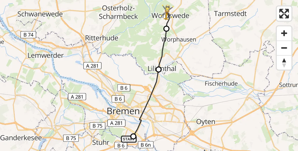 Flugroute Rettungshubschrauber ADAC Air Rescue Station Bremen Hubschrauberlandeplatz (Christoph 6) - Worpswede, 02 August 2026, 14:30