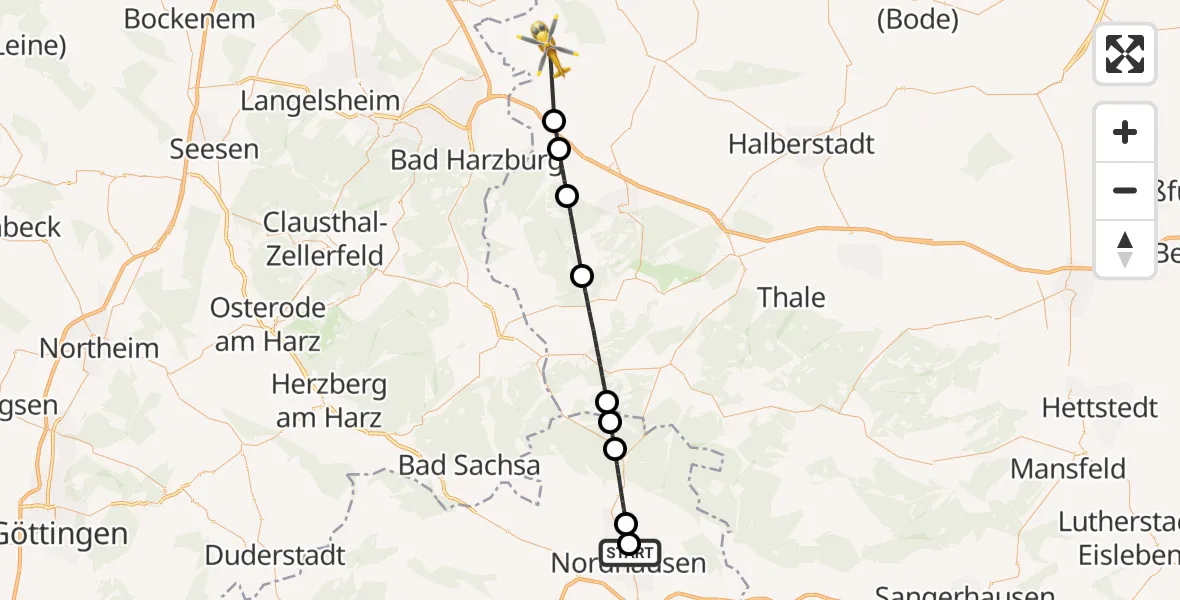 Flugroute Rettungshubschrauber Südharz Hospital Nordhausen - Osterwieck, 02 August 2026, 14:37