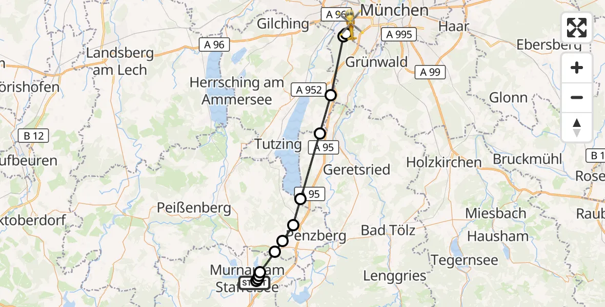 Flugroute Rettungshubschrauber Murnau Accident Hospital - DRF Air Rescue München Hubschrauberlandeplatz, 02 August 2026, 14:37