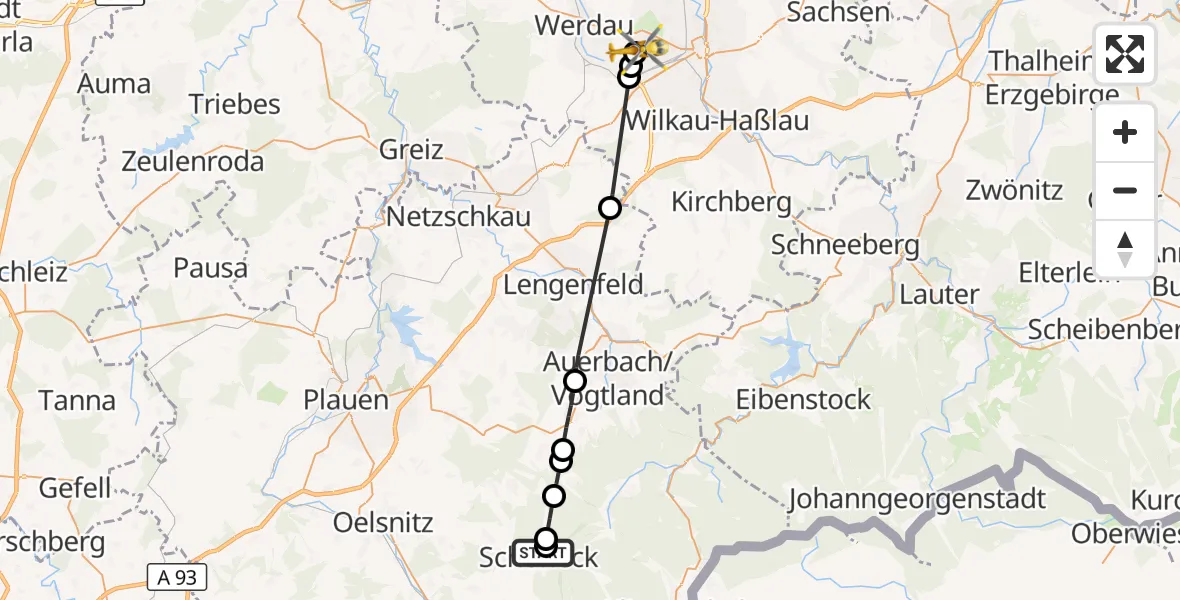 Flugroute Rettungshubschrauber Paracelsus Hospital Schöneck - ADAC Air Rescue Station Zwickau Hubschrauberlandeplatz, 02 August 2026, 14:44