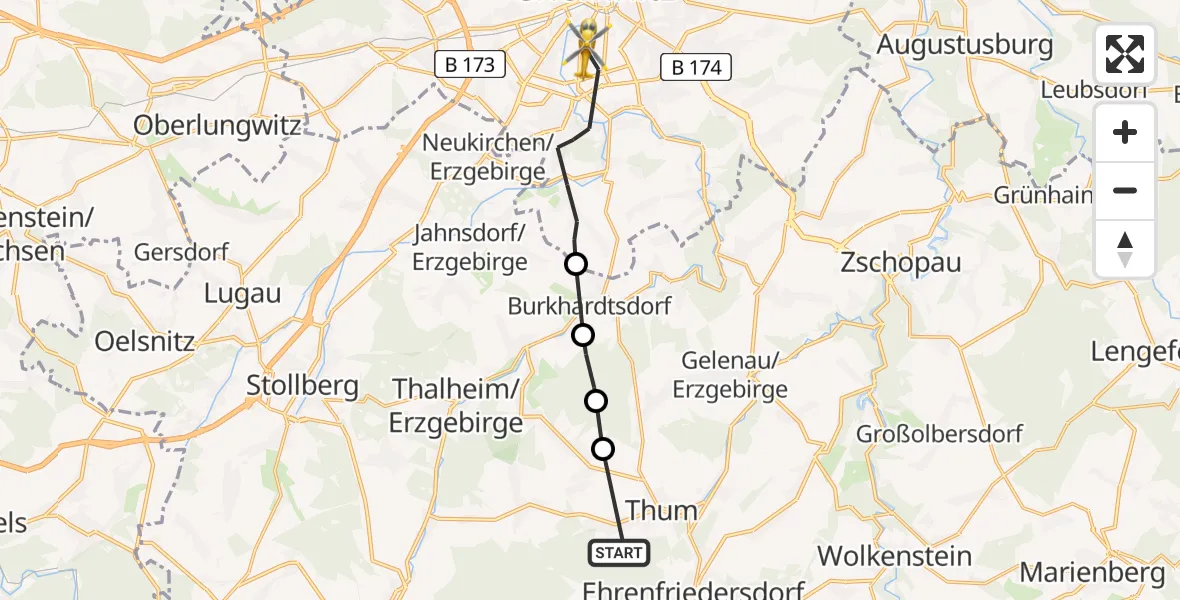 Flugroute Rettungshubschrauber Thum - Chemnitz, 02 August 2026, 14:44